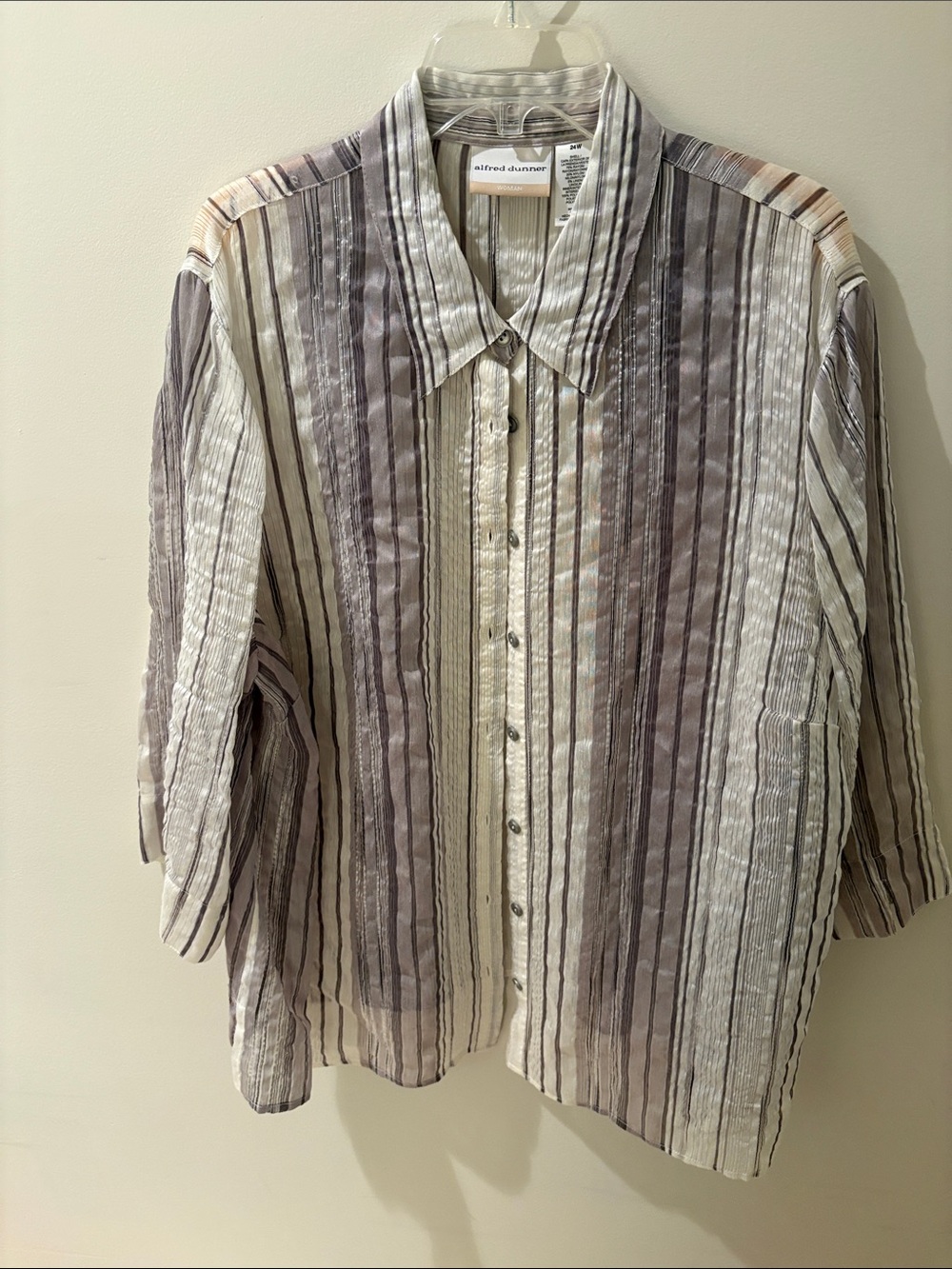 Alfred Dunner Women's Striped Button-Up Blouse in Gray, White and Cream
